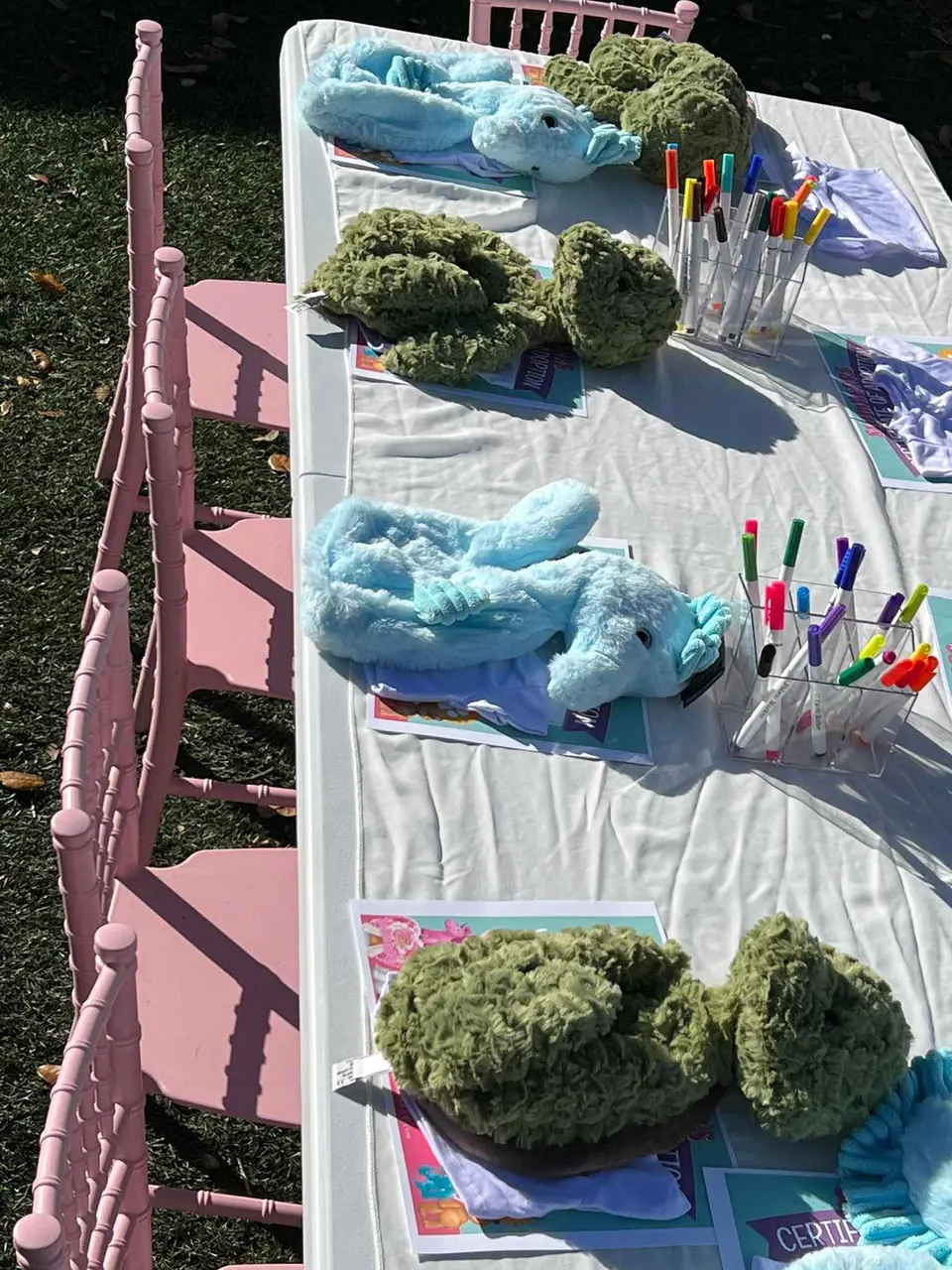 Outdoor table displaying plush crocodile toys and pens for coloring at a children’s event, featuring ultimate party upgrade with a pink fence in the background.