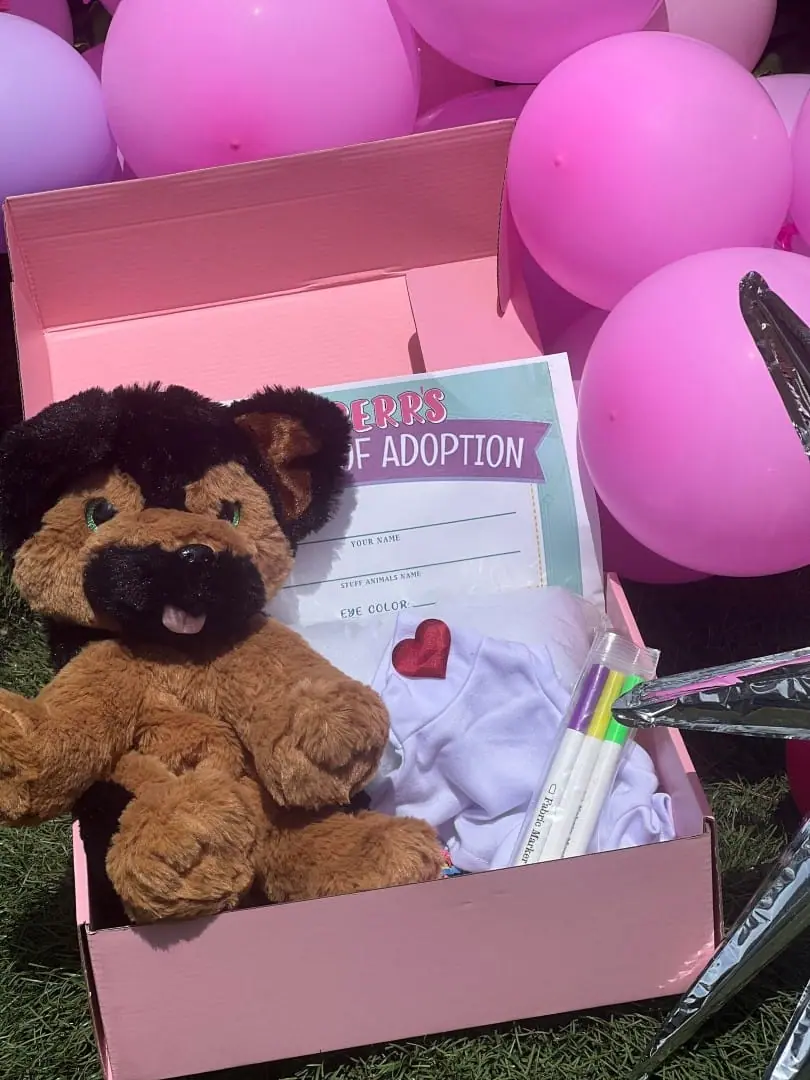 A plush dog toy in a pink box with a "peeps of adoption" certificate, surrounded by pink balloons, delivered straight to your doorstep.