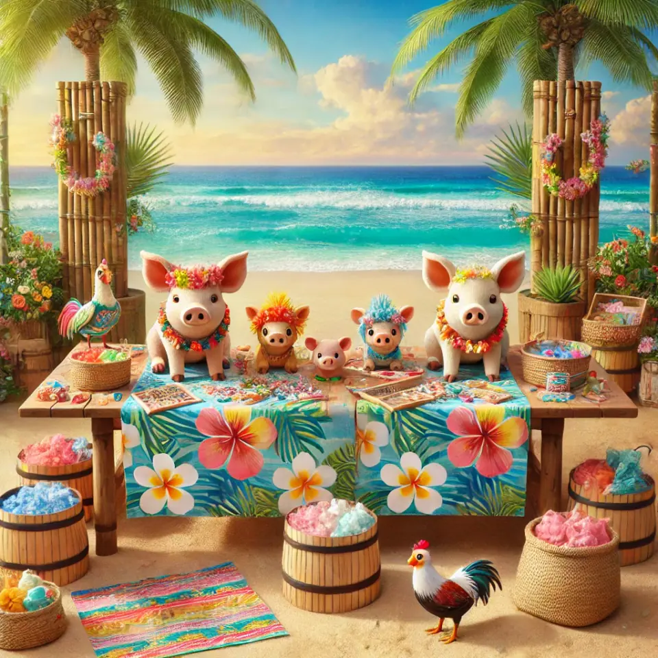 Capture the enchanting scene of a Moana-themed slumber party with this delightful and colorful image featuring pigs dressed in vibrant Hawaiian attire. Standing merrily behind tables laden with an array of tropical-themed decorations, these adorable pigs set a perfect festive atmosphere on the sun-kissed beach. The tables are filled with lush palm leaves, exotic fruits, and seashells, enhancing the island charm. Adding to this picturesque setting are roosters strutting nearby, adding their voices to complete the authentic tropical paradise ambiance. This unique image beautifully combines whimsical elements and island vibes for an unforgettable seaside celebration.