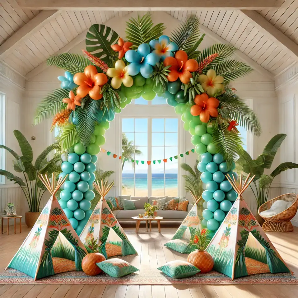 Experience an enchanting tropical Moana-themed slumber party room, brimming with vibrant colors and mesmerizing details perfect for an unforgettable getaway. Marvel at the stunning balloon arch, elegantly embellished with a tapestry of lush flowers and verdant leaves, setting the tone for a magical evening. Three charming decorative tents, each nestled on luxurious plush rugs complemented by cozy cushions, invite relaxation and fun. The expansive windows reveal a breathtaking panoramic view of the serene beach outside, creating an idyllic backdrop that promises to elevate your ultimate sleepover experience to new heights.