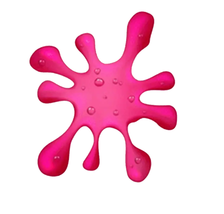 A glossy pink slime splatter with water droplets on a green background.