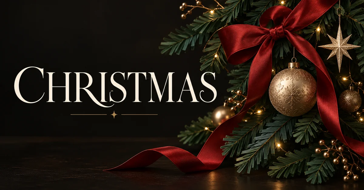 Christmas lettering with evergreen branches, ornaments and warm gold holiday sparkle.