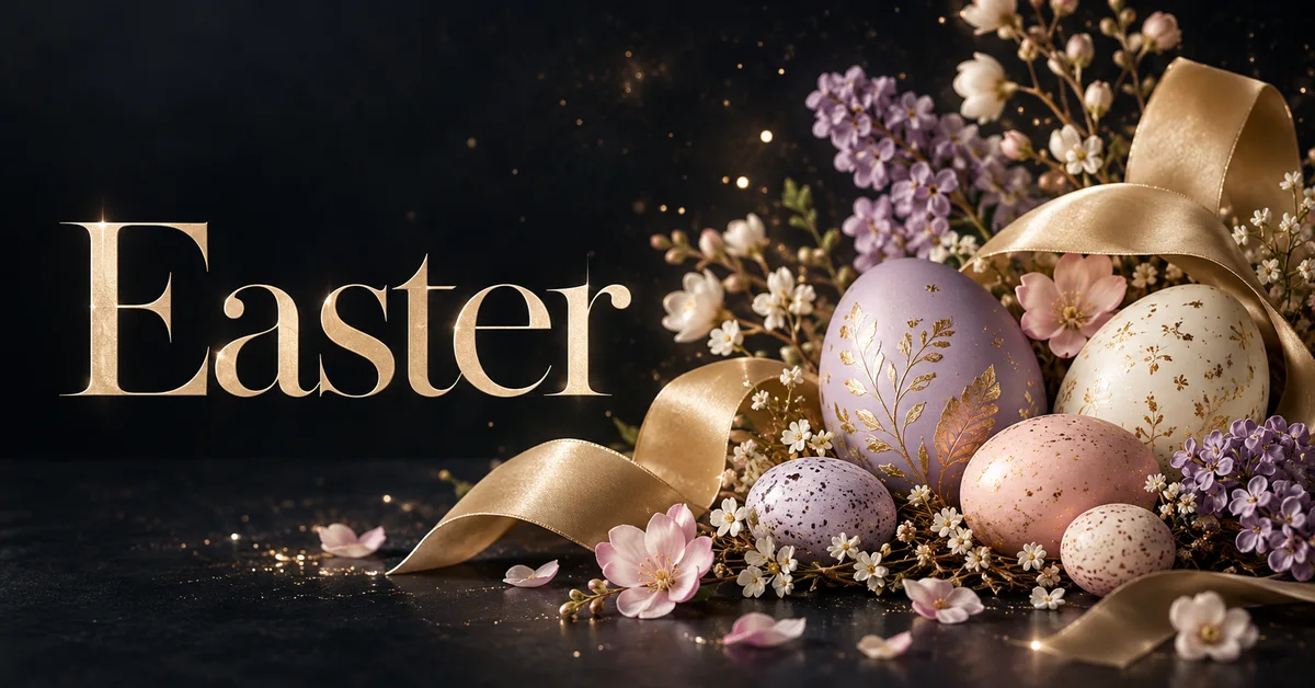 Easter lettering with pastel decorated eggs, spring blossoms and gold ribbon.