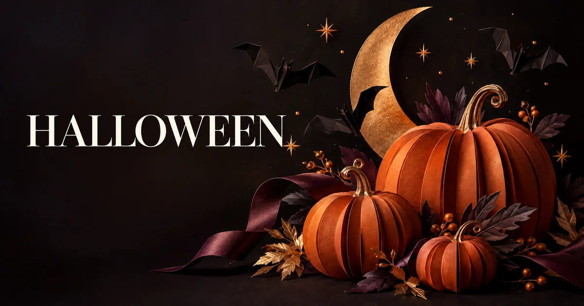 Halloween lettering with a glowing pumpkin, crescent moon and gold stars on a dark background.