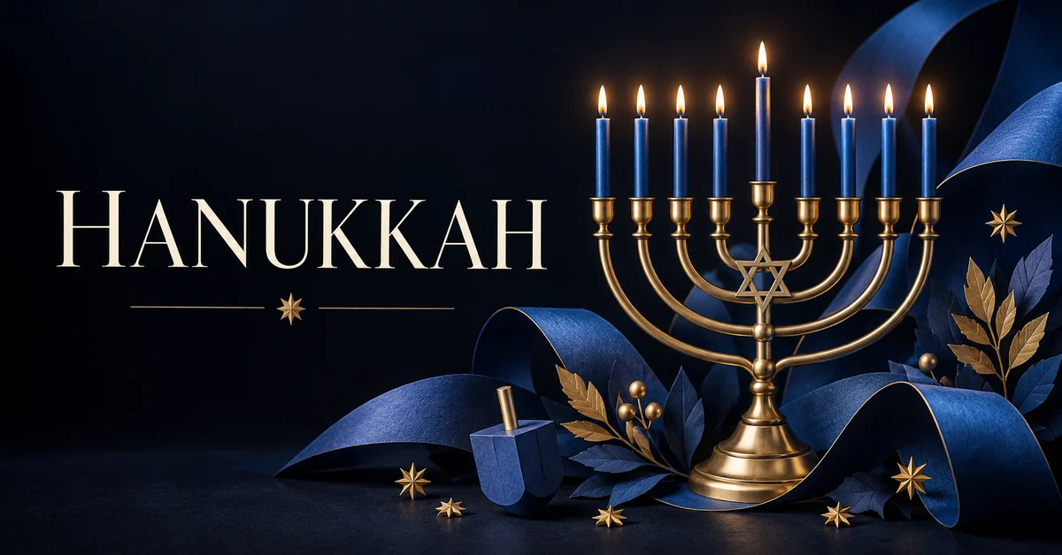 Hanukkah lettering with a glowing nine-candle menorah, blue dreidel and gold stars.