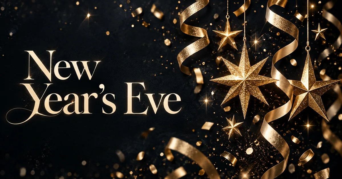 New Year’s Eve lettering with gold stars, curling ribbons and confetti on midnight black.