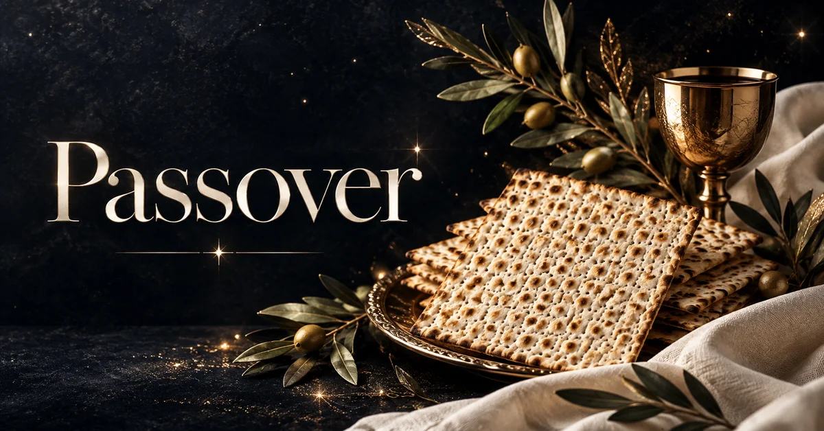Passover lettering with matzah, an elegant cup, olive branches and ivory linen.