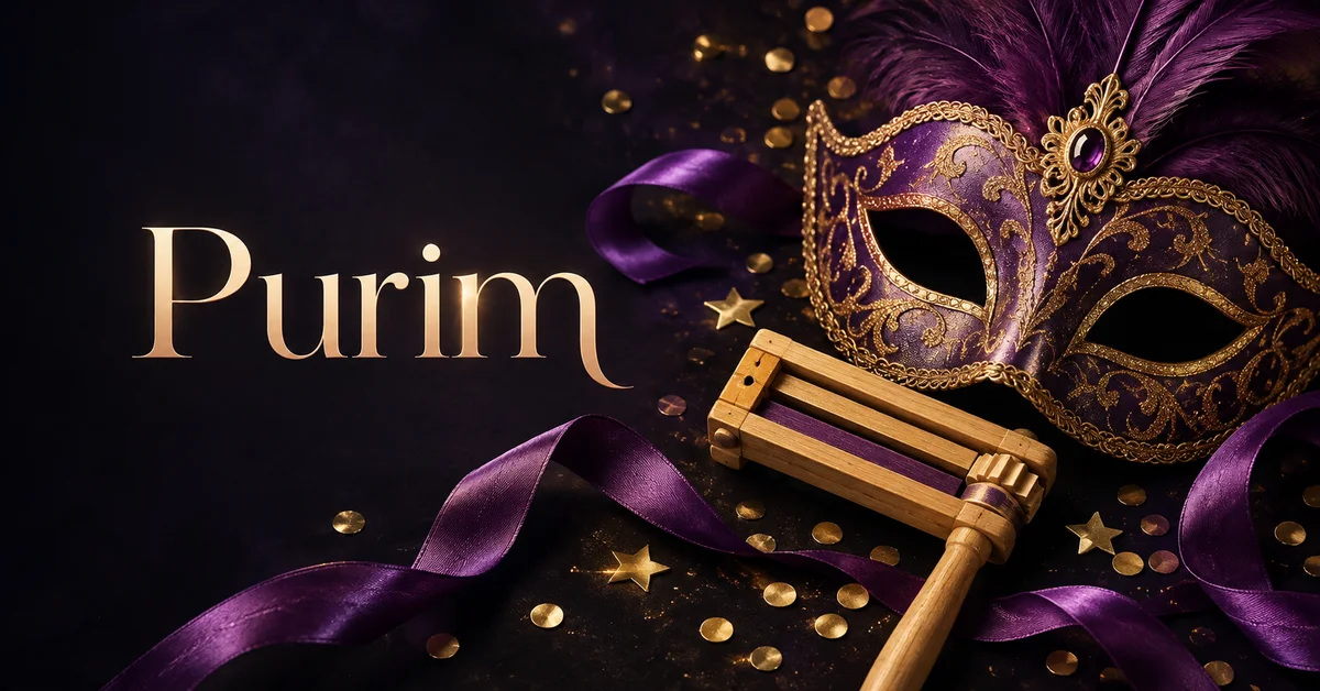 Purim lettering with a purple-and-gold mask, wooden grogger and festive ribbon.