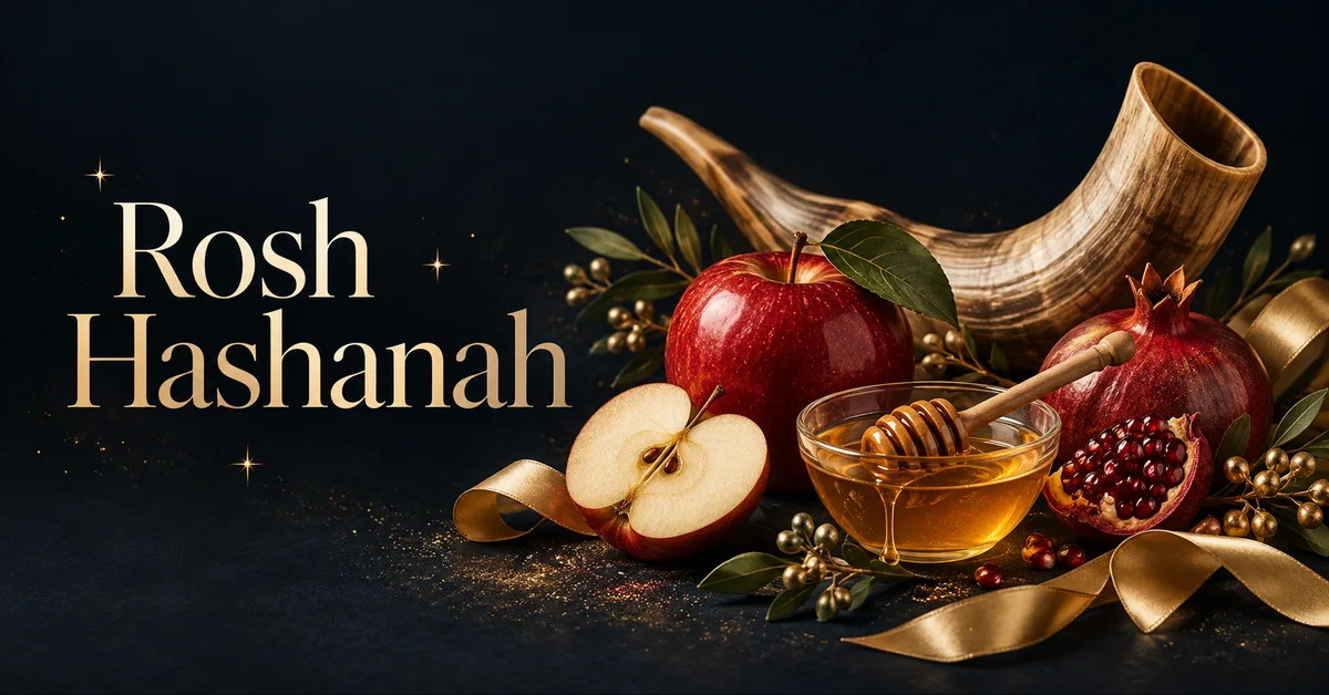 Rosh Hashanah lettering with apples, honey, pomegranate and a curved shofar.