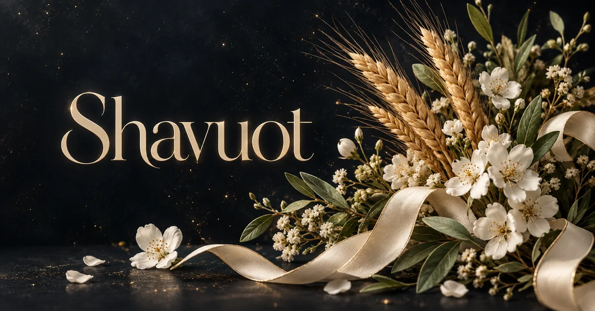 Shavuot lettering with white blossoms, golden wheat, sage greenery and ivory ribbon.