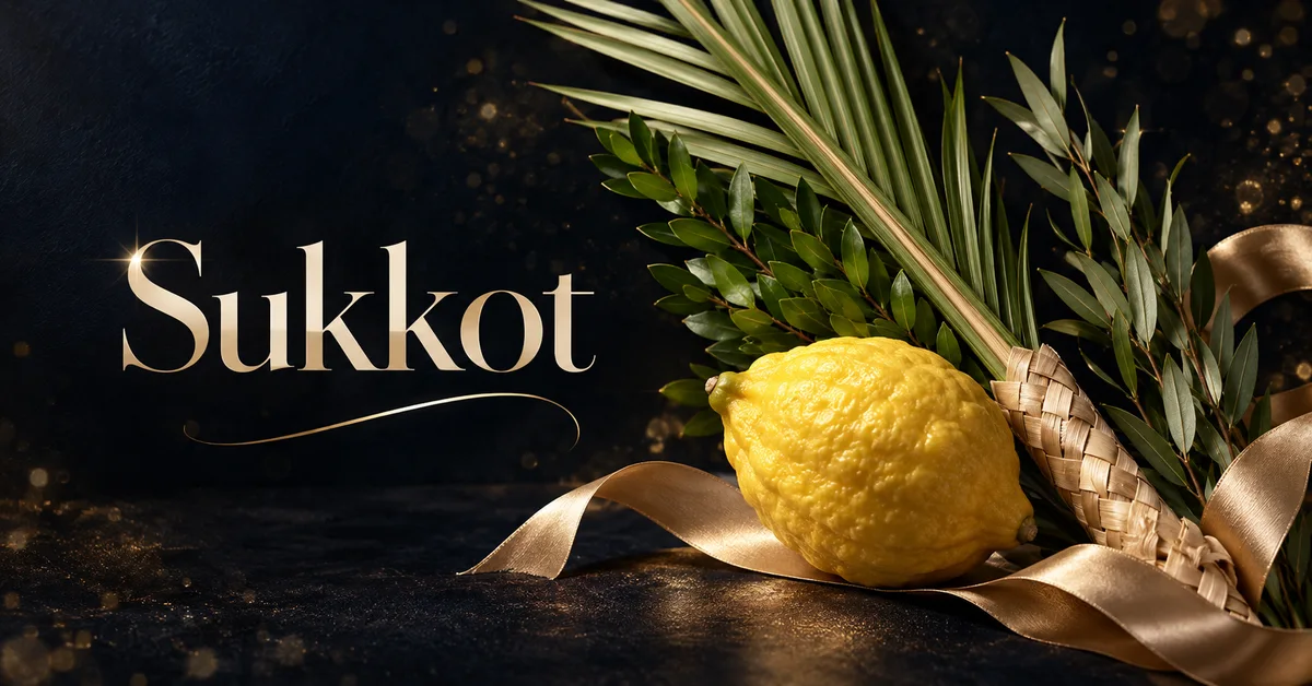 Sukkot lettering with an etrog, palm frond, myrtle and willow leaves and gold ribbon.