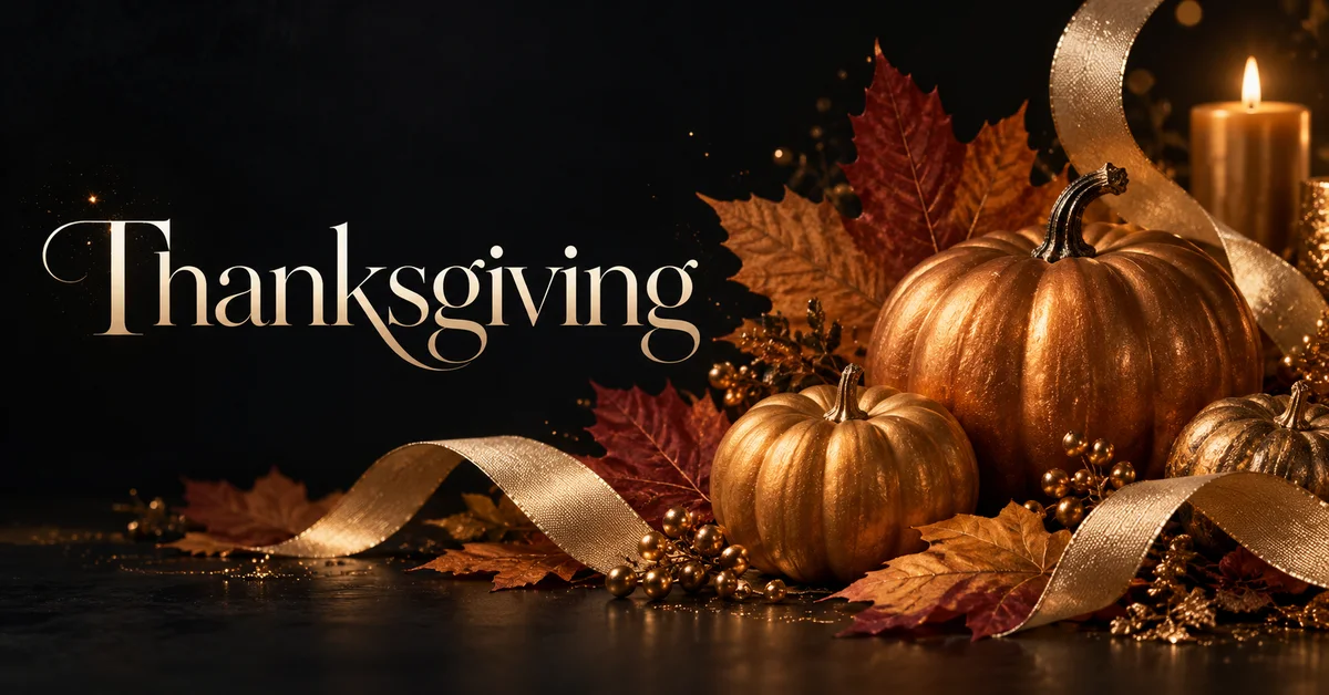 Thanksgiving lettering with bronze pumpkins, autumn leaves and gold ribbon.