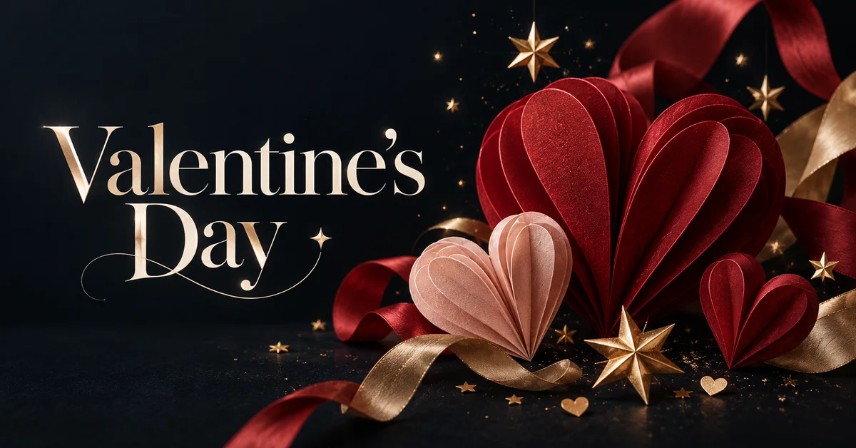 Valentine’s Day lettering with ruby and blush paper hearts and gold ribbons.