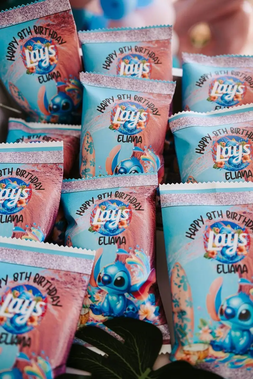 Several Lay's chip bags with custom "Happy 8th Birthday Eliana" labels featuring a cartoon character and colorful design arranged closely together.