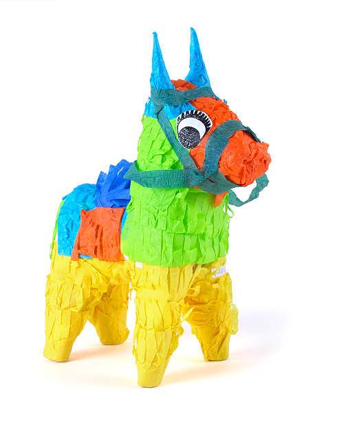 Multicolored donkey piñata isolated on a white background, perfect for party crafts.