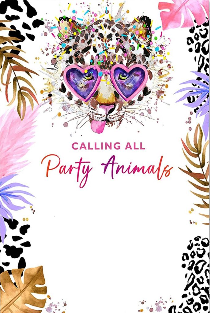 Colorful illustration of a leopard's face with heart-shaped glasses, surrounded by tropical leaves and the phrase "tropical birthday party" at the top.