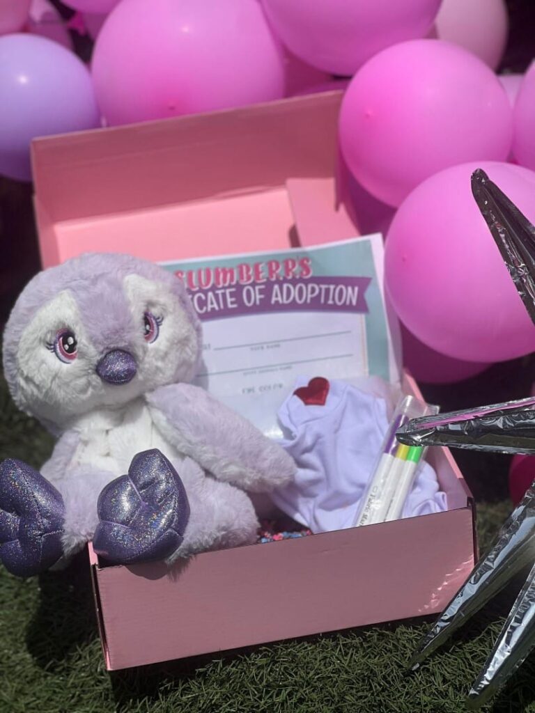 A plush toy koala in a pink Build A Stuffed Animal gift box with a certificate of adoption, surrounded by pink and purple balloons on grass.