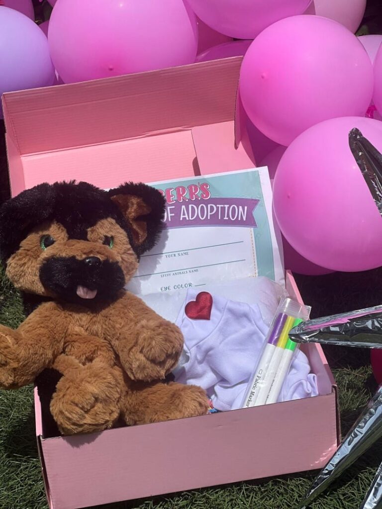 A plush dog toy in a pink box with a "peeps of adoption" certificate, surrounded by pink balloons, delivered straight to your doorstep.