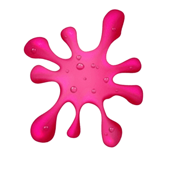 A glossy pink slime splatter with water droplets on a green background.
