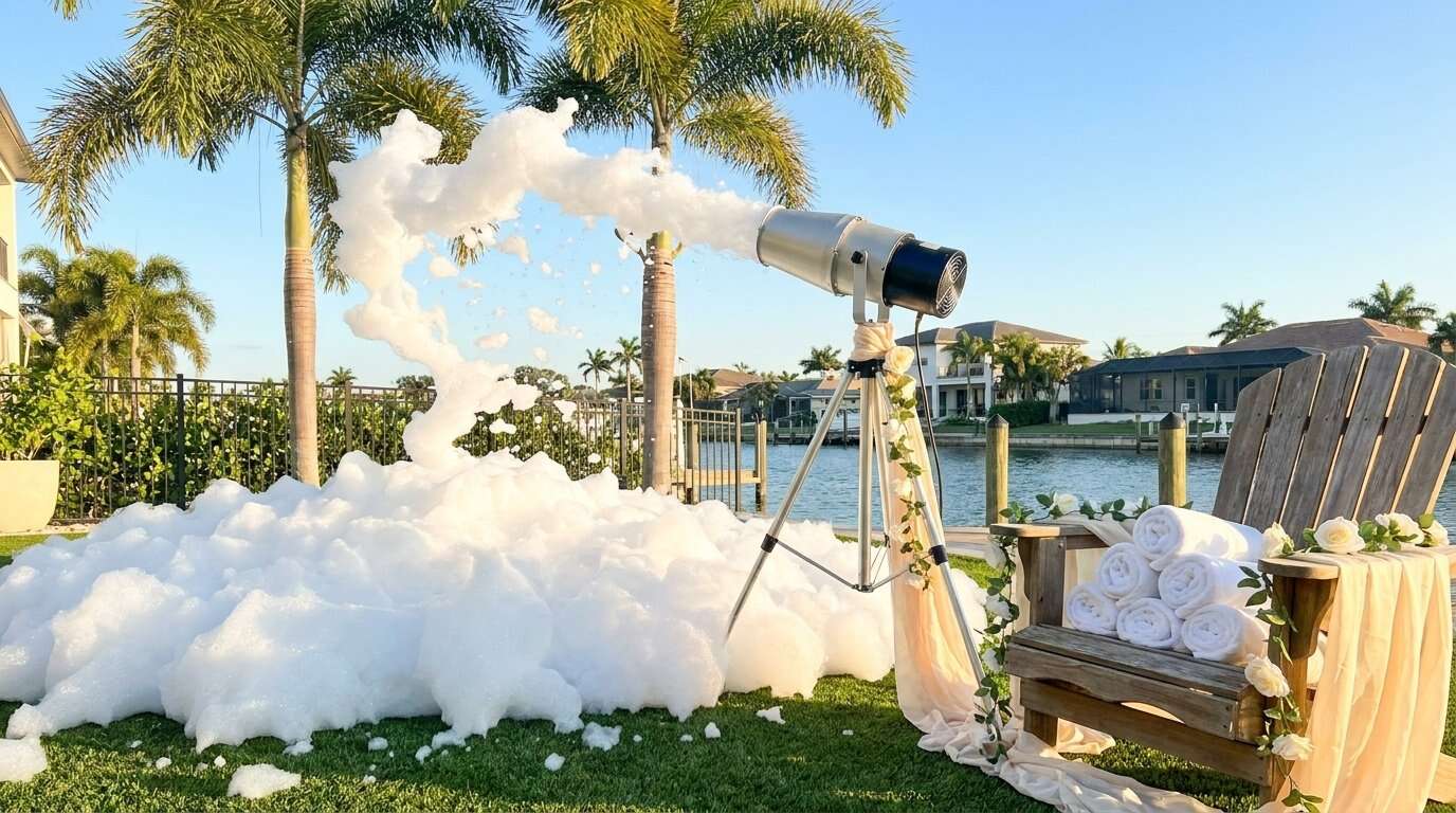 A foam machine sprays bubbles on grass near a wooden chair with rolled towels, palm trees, and waterfront houses visible in the background.