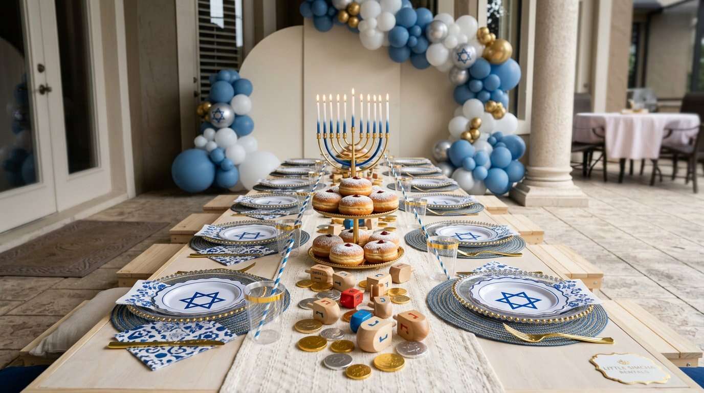 A Hanukkah table is set with Star of David plates, menorah, donuts, dreidels, gold chocolate coins, and blue and white balloon decorations in the background.