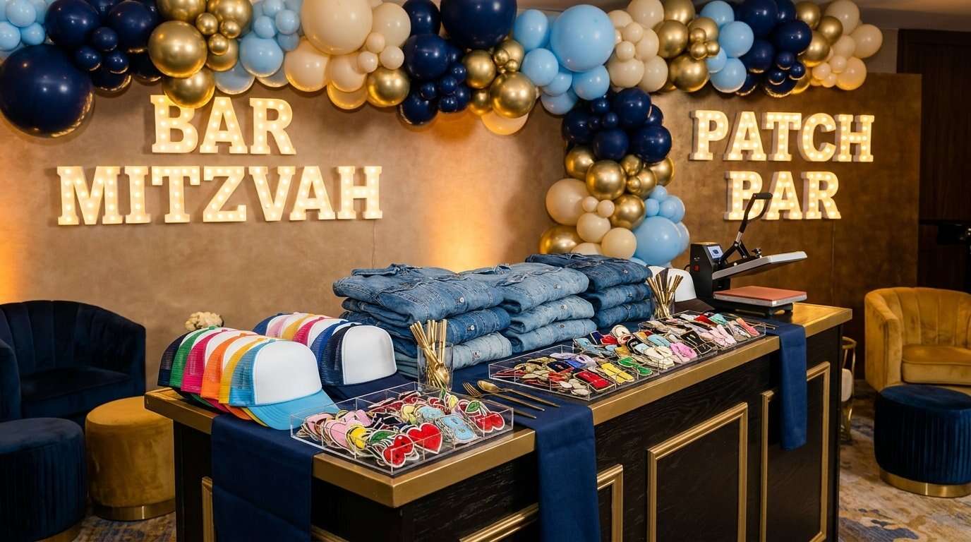 A decorated table with colorful patches, hats, and denim items, under "Bar Mitzvah" and "Patch Bar" signs with balloon displays in blue, gold, and white.