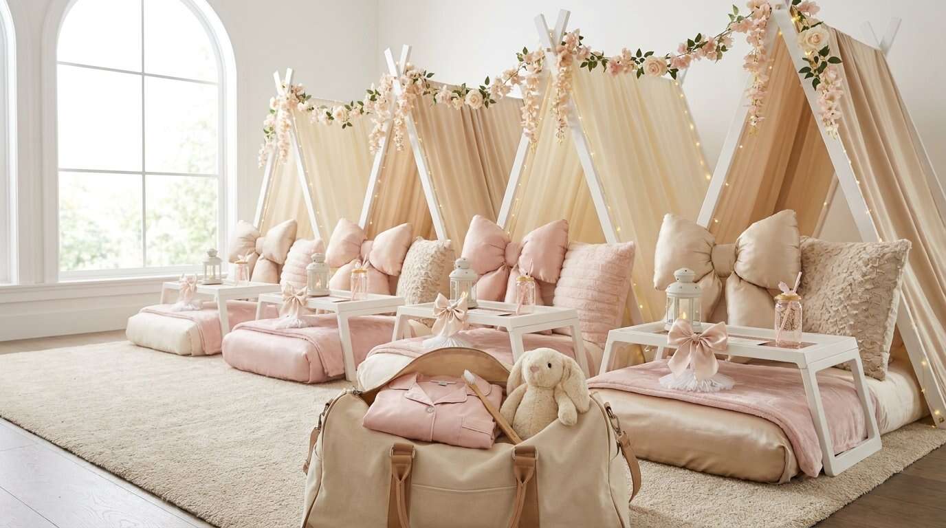 Four small tents with pink bedding and pillows, each with a tray table, lantern, and drink bottle, are set up indoors. A bag with a stuffed bunny is in the foreground.